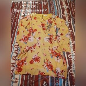 Vibrant Floral Bell Sleeve Dress with Necklace